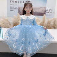 憶愛冰雪奇緣愛莎公主裙夏季艾莎女王女童連衣裙兒童節(jié)生日禮物禮服 翻領藍色 120cm