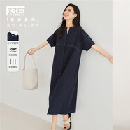 對白簡(jiǎn)約通勤短袖連衣裙女2026夏新款設計感分割寬松直筒顯瘦裙子 深海藍 M