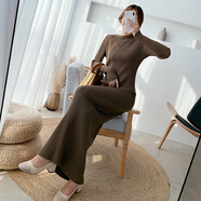 德朔毛衣連衣裙超長款毛衣裙女2021新款秋冬過膝腳踝修身加厚打底針織 茶色 M