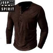 JEEP SPIRIT歐美男士仿舊亨利衫復古長(cháng)袖T恤大碼男裝紐扣水洗做舊打底衫上衣 棕色 S （130-145斤）