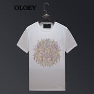 OLOEY 樂樂兔香港潮牌獅子頭燙鉆t恤男潮流休閑大碼體恤衫絲光棉短袖修身打底衣男 白色 XXL