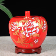 悅靈美 景德鎮(zhèn)陶瓷器中國紅花瓶擺件中式酒柜裝飾品客廳書房插花工藝品 中國紅牡丹蘋果瓶
