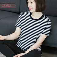 橫行道2024夏季新款條紋短袖T恤女裝海軍風(fēng)半袖體恤寬松上衣圓領(lǐng)打底衫 藍白 4XL
