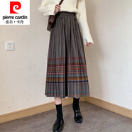 皮爾卡丹（pierre cardin）復(fù)古毛呢格子半身裙春秋女高腰遮胯顯瘦中長款民族風(fēng)百褶a字裙秋 灰色 L 建議101-115斤
