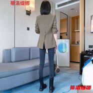 小西服女西裝外套女2021春秋韓版上衣垂感寬松中長款款休閑大碼顯瘦小西服 卡其色-21年小西裝女 L 118-132斤-21年小西裝女