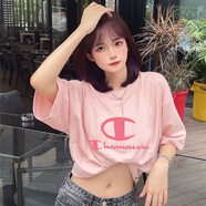冠軍涂鴉美版夏季純棉上衣情侶裝T恤男寬松新款背后印花圓領(lǐng)潮流休閑短袖 肉粉色前粉標(biāo)大C字母純棉短袖 M 100-130斤260克