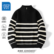 真維斯（Jeanswest）開(kāi)衫毛衣男秋冬季新款灰色雙拉鏈立領(lǐng)針織衫男士寬松休閑外套 【半拉鏈條紋針織衫】黑色(空白) L
