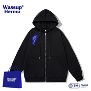 WASSUP HERMU官方潮流連帽衛(wèi)衣男春秋季運動休閑情侶套裝大碼外套潮牌長袖開衫 黑色 L（建議110-130斤）