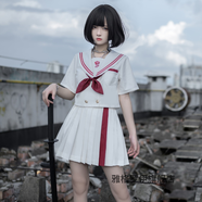 未萱 jk制服冬季套裝半身裙戰火與玫瑰JK秋冬水手服百褶短裙長(cháng)袖海領(lǐng) 白領(lǐng)赤二本短袖+白裙42cm M 均碼