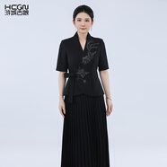 滸城古娘夏季國風(fēng)鸞鳳刺繡氣質(zhì)淑女顯瘦簡(jiǎn)約溫柔西服兩件套 玄黑色 M