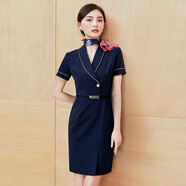 芭妃婭職業(yè)連衣裙女氣質(zhì)時(shí)尚ol空姐制服售樓部工裝美容前臺教師工作服 藏青短-袖連衣裙 M