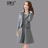 艾珠兒小個(gè)子連衣裙女秋冬裝新款中長(zhǎng)款毛呢裙子氣質(zhì)收腰顯瘦長(zhǎng)袖套裝裙 黑灰色 2XL