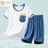 莫代爾兒童薄款睡衣夏季男女童家居服套裝中大童3-15歲男孩春秋季青少年 牛仔藍【短袖+短褲】 100 適合90-100cm年齡3-4歲