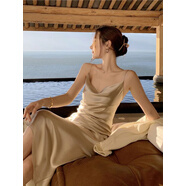 眾妃女人味蕩領(lǐng)吊帶連衣裙夏薄款醋酸仿綢緞包臀裙收腰顯瘦2025新 杏 杏色 S 均碼