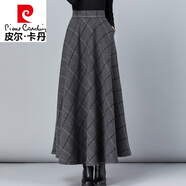 皮爾卡丹（pierre cardin）2023秋冬毛呢格子半身裙女百搭高腰A字裙中長(cháng)款加厚顯瘦大號長(cháng)裙 深灰格子 XL