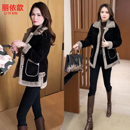麗依歆加絨加厚短外套女2025冬季新款氣質(zhì)小個子時尚保暖大毛領(lǐng)派克服 黑色 6XL 粗花