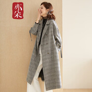 亦朵風(fēng)衣女春秋風(fēng)衣外套女中長(zhǎng)款時(shí)尚黑灰格子寬松過膝外套 黑灰條(長(zhǎng)款無腰帶) L