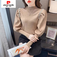 皮爾卡丹（pierre cardin）2024春秋新款重工釘珠半高領(lǐng)燈籠泡泡袖毛衫打底衫內(nèi)搭毛衣上衣 卡其色【釘珠升級(jí)版】 M 【90-105】斤