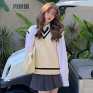 瑪嬌媚 學(xué)院風(fēng)連衣裙套裝女2022年春秋新款韓版英倫疊穿針織馬甲襯衫半身裙JK套裝裙三件套套裝裙女 襯衫+馬甲 S