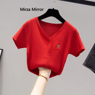 Mirza Mirror夏季冰絲短袖T恤女裝新款針織衫短款高腰修身V領(lǐng)半袖上衣服 紅色 均碼