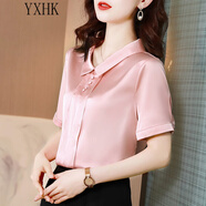 YXHK襯衫女短袖夏品牌女裝高端緞面襯衫女職業(yè)裝時(shí)尚上衣 粉色 L  105-115斤