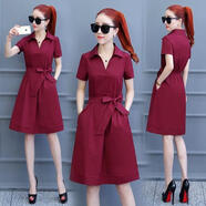 韓國連衣裙女夏季2023新款時(shí)尚收腰仙女短袖小個(gè)子腰帶裙子 酒紅色【系帶蝴蝶結】 S 75-90斤左右)