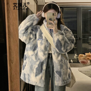 艾珠兒（Aizhuer）羊羔毛外套女毛絨棉服女秋冬季2025新款時(shí)尚中長(cháng)款加絨加厚外套 藍色 L