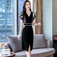 衣典零一連衣裙2020夏裝新款夏季女裝時尚氣質(zhì)韓版修身顯瘦女士小個子V領(lǐng)短袖連衣裙中長款夏天包臀裙子 黑白色 XL