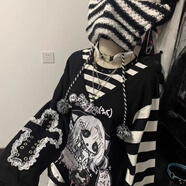 KLEDBOY亞文化日系痛衣二次cos條紋印花甜酷動漫長袖可愛系T.恤 黑白假2件長袖 均碼