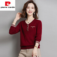 皮爾卡丹（pierre cardin）秋季小衫天絲羊毛針織衫女薄款毛衣長(cháng)袖t恤v領(lǐng)上衣減齡寬松打底衫 酒紅色 4XL 適合150-165斤