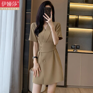 伊婭莎西裝連衣裙女夏短袖名媛氣質(zhì)女神范職業(yè)裙子美容院工裝前臺工作服 789咖啡色 L 建議102-115斤