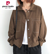 皮爾卡丹（pierre cardin）牛仔衣短款外套女春秋韓版寬松翻領(lǐng)長(zhǎng)袖夾克上衣休閑開衫 深咖色 均碼