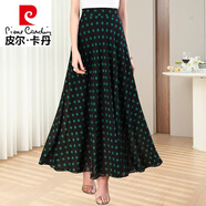 皮爾卡丹（pierre cardin）夏季純色藍(lán)色雪紡半身長裙2024新款高腰A字大擺仙女裙中長款舞裙 A10黑底小綠點 XL