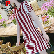 皮爾卡丹（pierre cardin）新款夏季休閑運動中長款領短袖女大l碼顯瘦條紋連衣裙棉字裙針織 棗紅色 S