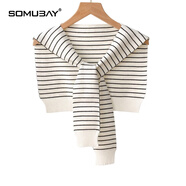 SOMUBAY 純色毛線小披肩女夏季空調(diào)房外搭針織時尚搭肩春秋條紋假領(lǐng)薄 WJ-420白色細條紋 默認