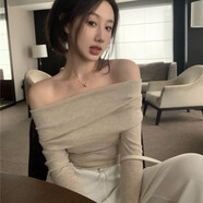 妙奕嘉一字肩上衣露肩純欲打底衫女針織衫春季女裝修身洋氣款可外穿內搭 一字肩辣妹性感針織上衣【杏色】 M 【建議100-115斤】