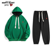 查爾斯桃心衛衣男女情侶同款韓版純色連帽斜紋百搭運動(dòng)休閑套裝 綠色 XL 