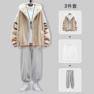 項(xiàng)后【項(xiàng)后】羊羔絨外套男套裝冬季棉襖連帽加厚棉衣棉服學(xué)生三件套裝 駝色棉衣加絨313+毛衣+加絨褲子 M