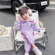 小咕嘟熊童裝女童套裝夏裝兒童套裝POLOT恤褲裙兩件套運動(dòng)休閑女孩服裝 紫色秋 110