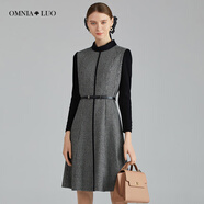 歐柏蘭奴商場(chǎng)同款2022秋新品經(jīng)典千鳥(niǎo)格小立領(lǐng)高腰連衣裙中長(cháng)款OBQL9332 W06黑白格 S