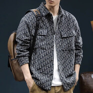 潮天士美式復古羊毛工裝花襯衫男寬松春季長(cháng)袖襯衣男士大碼外套上衣 藏青色 2XL【160-180斤】