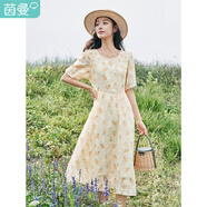 茵曼（INMAN）減齡甜美連衣裙夏女新品法式方領(lǐng)系帶收腰繡花碎花中長裙子 田園花 S