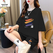 啄木鳥(niǎo)（TUCANO）胖mm大碼夏季女運動(dòng)套裝女2025新款韓版寬松短袖短褲休閑跑步套裝 黑色 (上衣+短褲) 4XL(175-200斤)