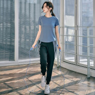 瑜味 瑜伽服女夏季网红韩版显瘦速干衣透气训练跑步健身房运动套装女 蓝色短袖+长裤 M（建议95-105斤）
