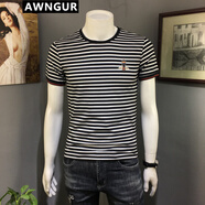 AWNGUR 歐洲站潮牌條紋短袖T恤男夏季圓領(lǐng)修身刺繡小蜜蜂半袖?；晟荔w恤 黑色 M