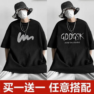 暢登 夏季五分袖T恤男韓版男士短袖ins寬松半袖上衣服帥氣印花t恤男裝 黑色曲線+黑色GDD XL
