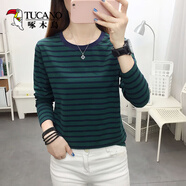 啄木鳥(niǎo)條紋長(cháng)袖T恤女裝2026體恤衫春秋新款時(shí)尚寬松簡(jiǎn)約休閑百搭上秋衣 811墨綠色  5XL 建議180-200斤