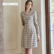 ROEYSHOUSE羅衣法式老錢(qián)風(fēng)V領(lǐng)修身連衣裙秋冬新款粗花呢A字裙09617 格子 M