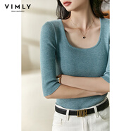 梵希蔓早秋質(zhì)感U型領(lǐng)漏鎖骨針織衫女高彈修身顯瘦上衣半袖打底衫 71068 灰藍色 S