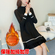賢語(yǔ)中長(cháng)款加絨毛衣女套頭秋冬裝保暖打底衫針織連衣韓版修身毛衣 黑色【加絨款】 XXL碼【建議125-140斤】